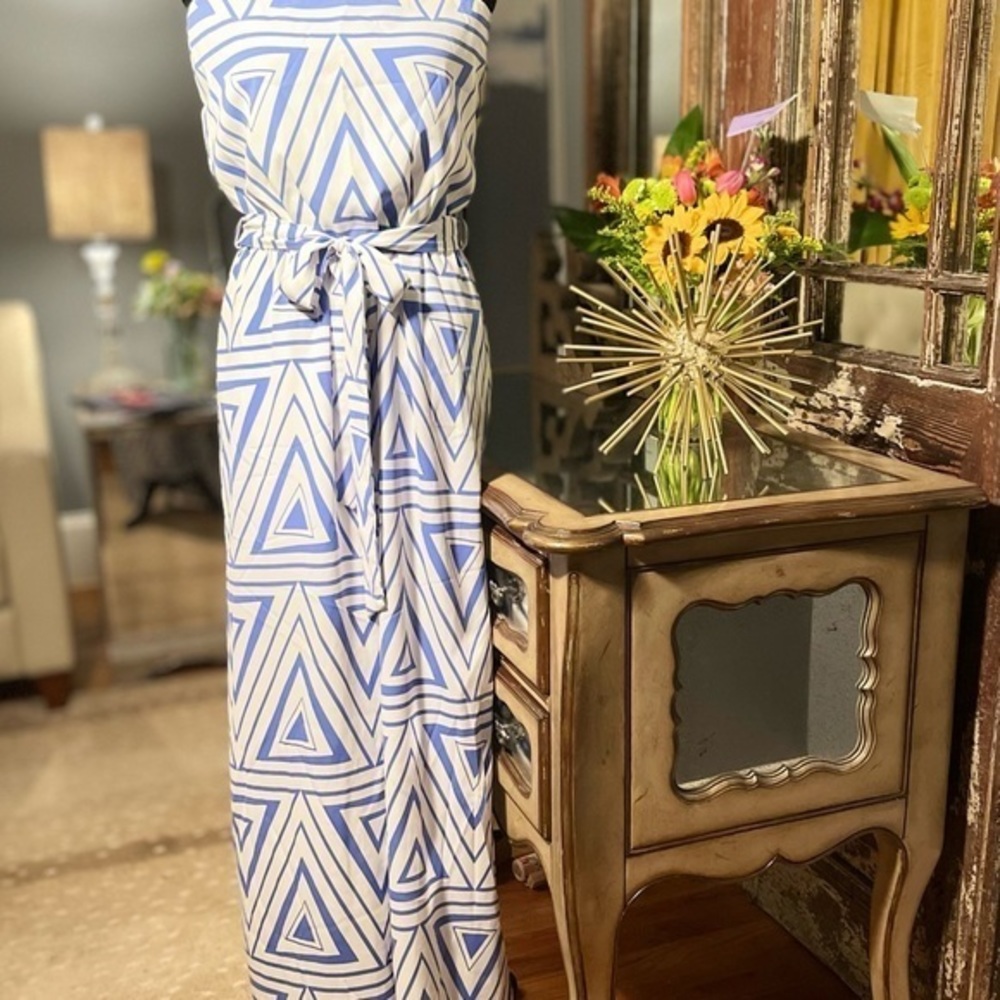 My Story strapless geometric blue/white, wide leg jumpsuit. Sz S. EUC. Worn x1